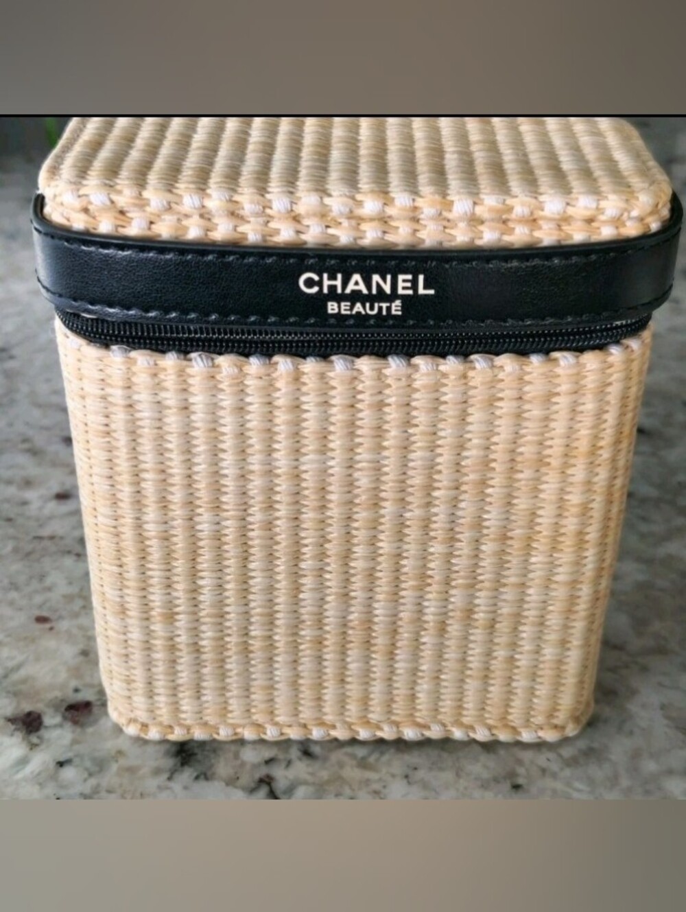 CHANEL Beauté Beige Woven Cosmetic Case with Black Trim and Logo - New!
